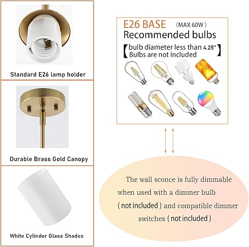 Miniatura 5 de Lámpara colgante moderna dorada, paquete de 3 lámparas de latón cepillado de mediados de siglo, cilindro blanco, pantallas de vidrio, varillas
