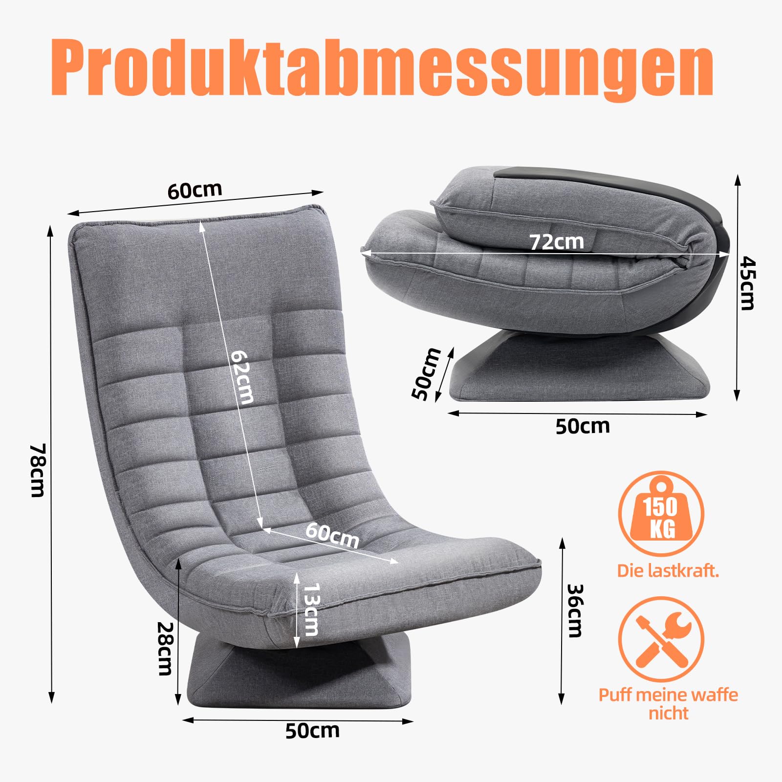 Sessel Wohnzimmer Bodenstuhl 360° Drehbar, Bodensessel mit Verstellbarer Rückenlehne, Bodensofa Klappbar, Lazy Sofa, Gaming Relaxsessel, 60x105x87cm, 150kg Belastbarkeit, Grau