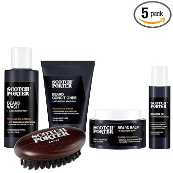 Scotch Porter Beard Care Kit Cleanse, Moisturize, Soothe & Style Coarse, Dry Hair while Encouraging Growth for a Fuller/Healthier-Looking Beard Includes Wash, Conditioner, Oil, Balm & Brush
