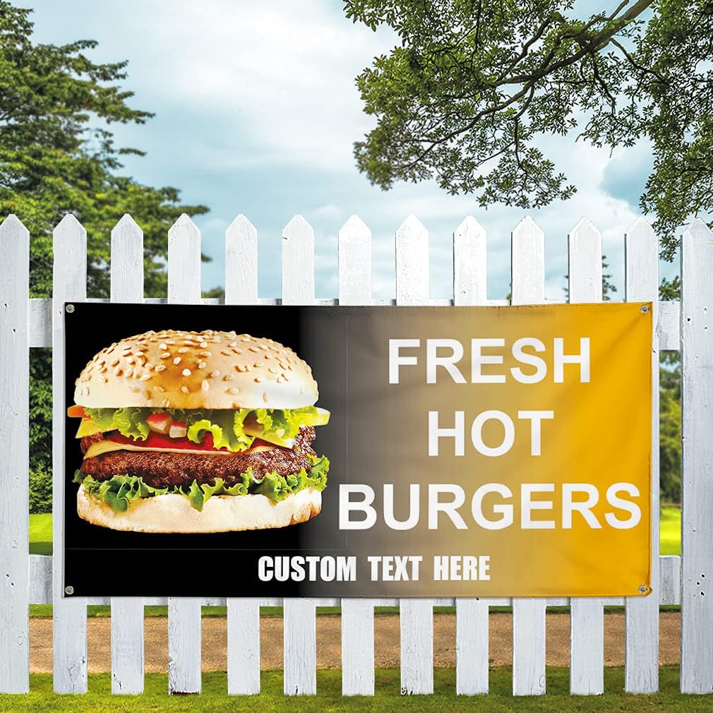 Custom Vinyl Banner Multiple Sizes Fresh Hot Burgers Restaurant Cafe Bar Bistros & Caf S Outdoor Weatherproof Industrial Yard Signs 4 Grommets Personalized Text Here 16x40Inches