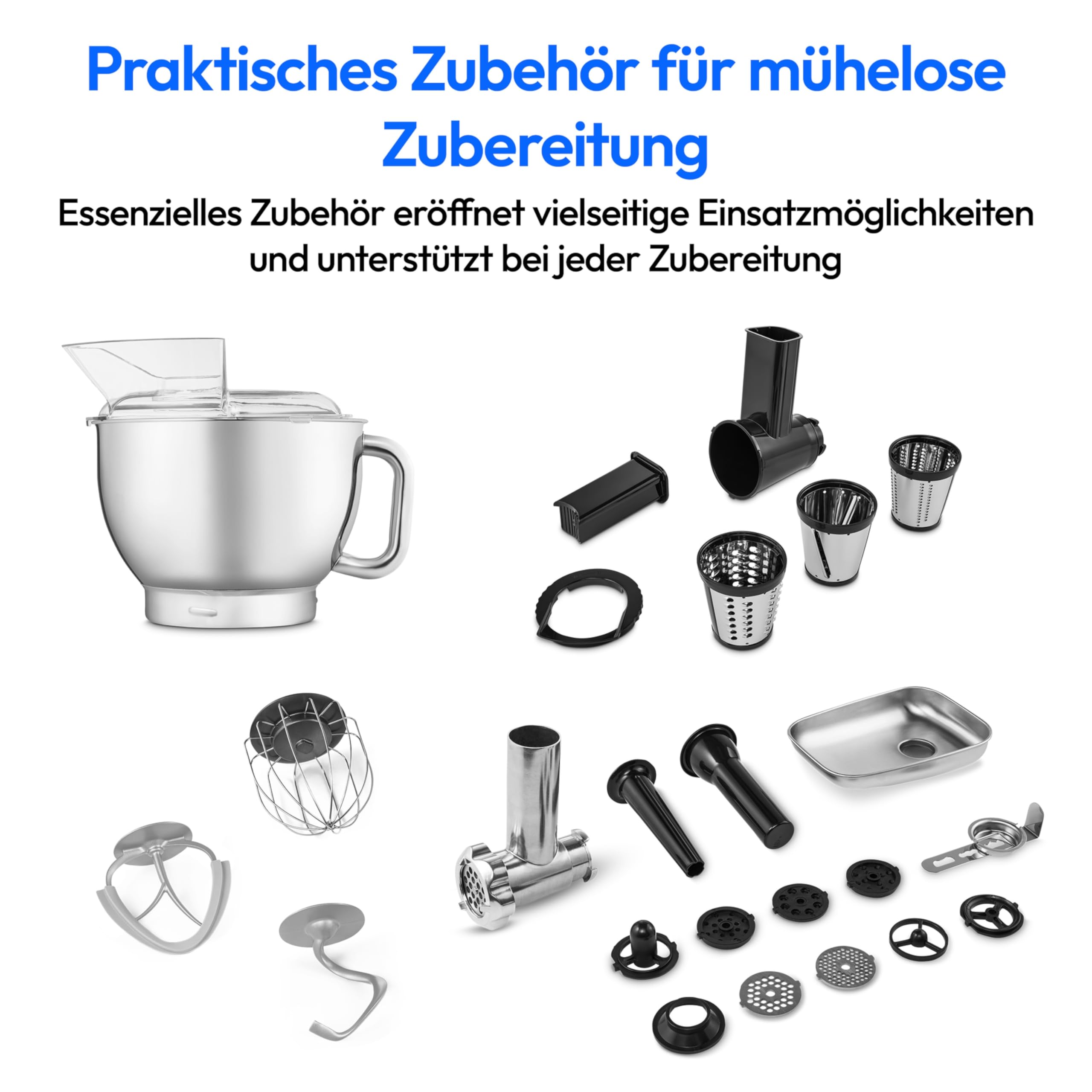 MEDION Küchenmaschine (Fleischwolf, 4,6 Liter Edelstahlschüssel, leiser Gleichstrommotor, 800 Watt, Reiben Raspeln Schneiden, Digitales Sensor Touch Display, Knetmaschine, Teigmaschine, MD12600) titan