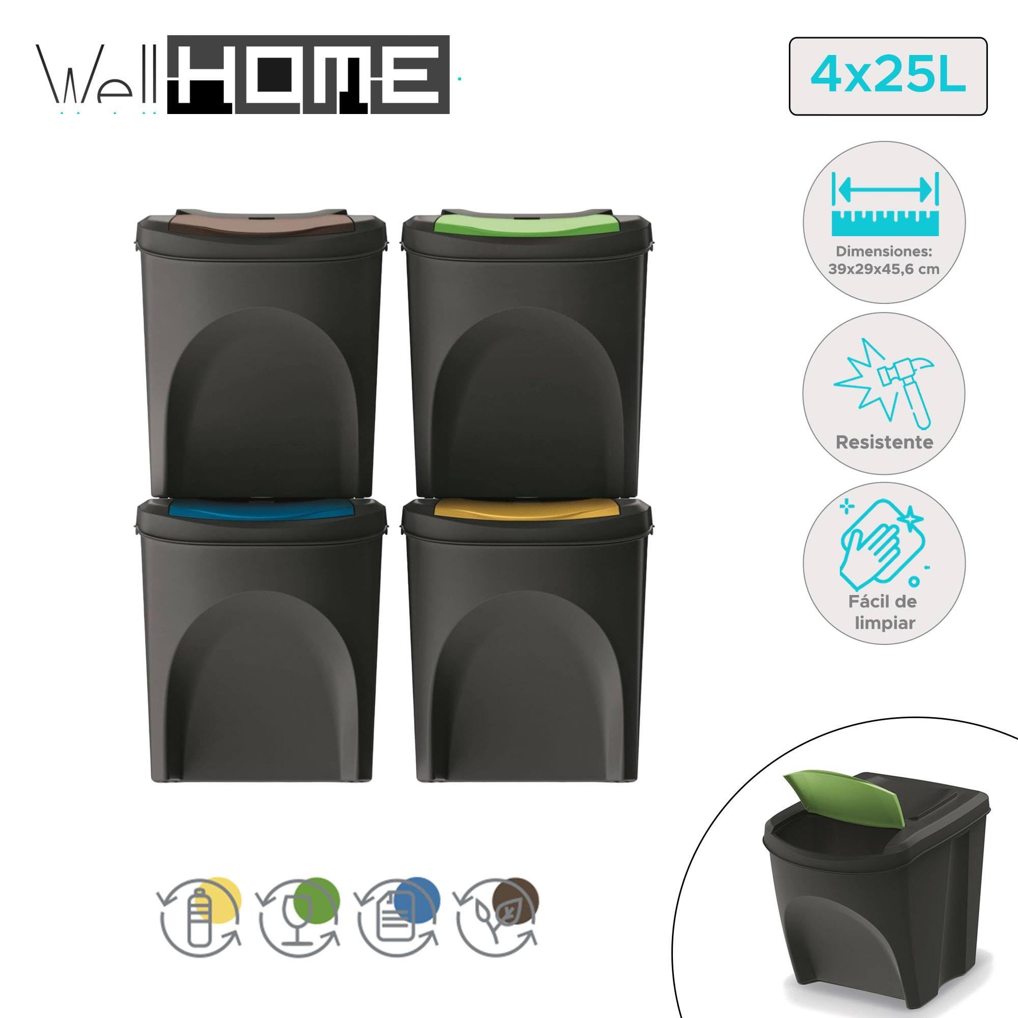 WELL HOME MOBILIARIO & DECORACIÓN Zestaw 4 pojemników na śmieci w 100% z tworzywa sztucznego z recyklingu, czarny, 4x 25 l