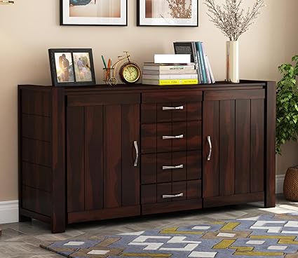 Bedosoft Furniture Solid Sheesham Wood Wooden Sideboard & Chest of Drawer with 4 Drawers and 2-Door Storage for Living Room, Bedroom (Design 16)