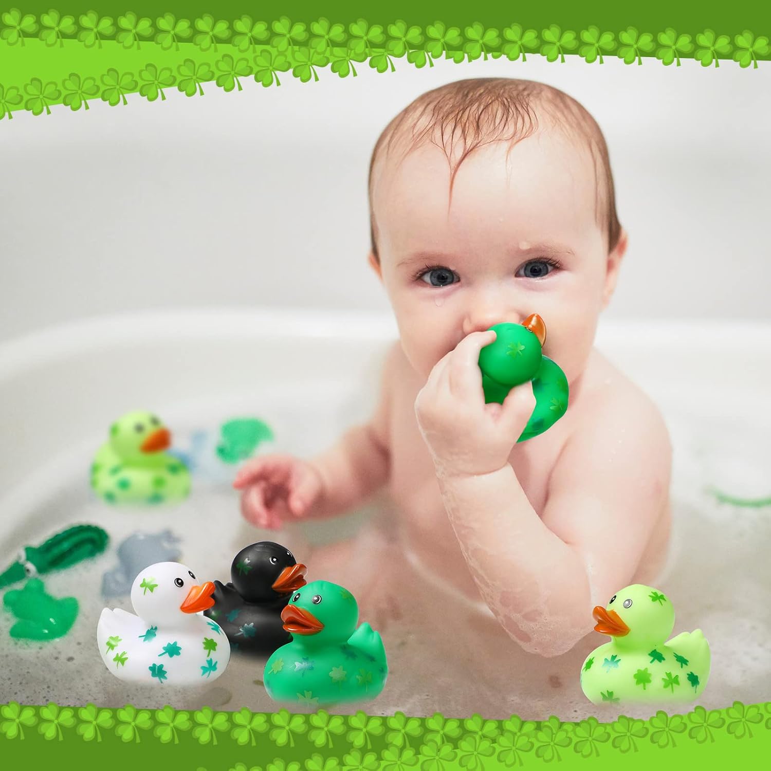 Jerify 96 Pcs 2 Inch St. Patrick's Day Rubber Ducks Bulk Holiday Rubber Ducks 4 Styles Shamrock Cruise Ducks Baby Shower Duck Bath Pool Birthday Irish Kids Gifts for Party Favors Accessories