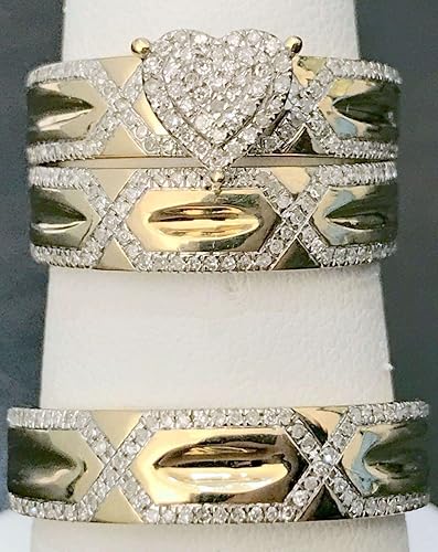 Miniatura 5 de Ssjewel 1.33 Ct Round Cut Diamond Love Shape His Her Trio Wedding Band Bridal Engagement Ring Set 14k Yellow Gold Finish Fine 925 Sterling Silver