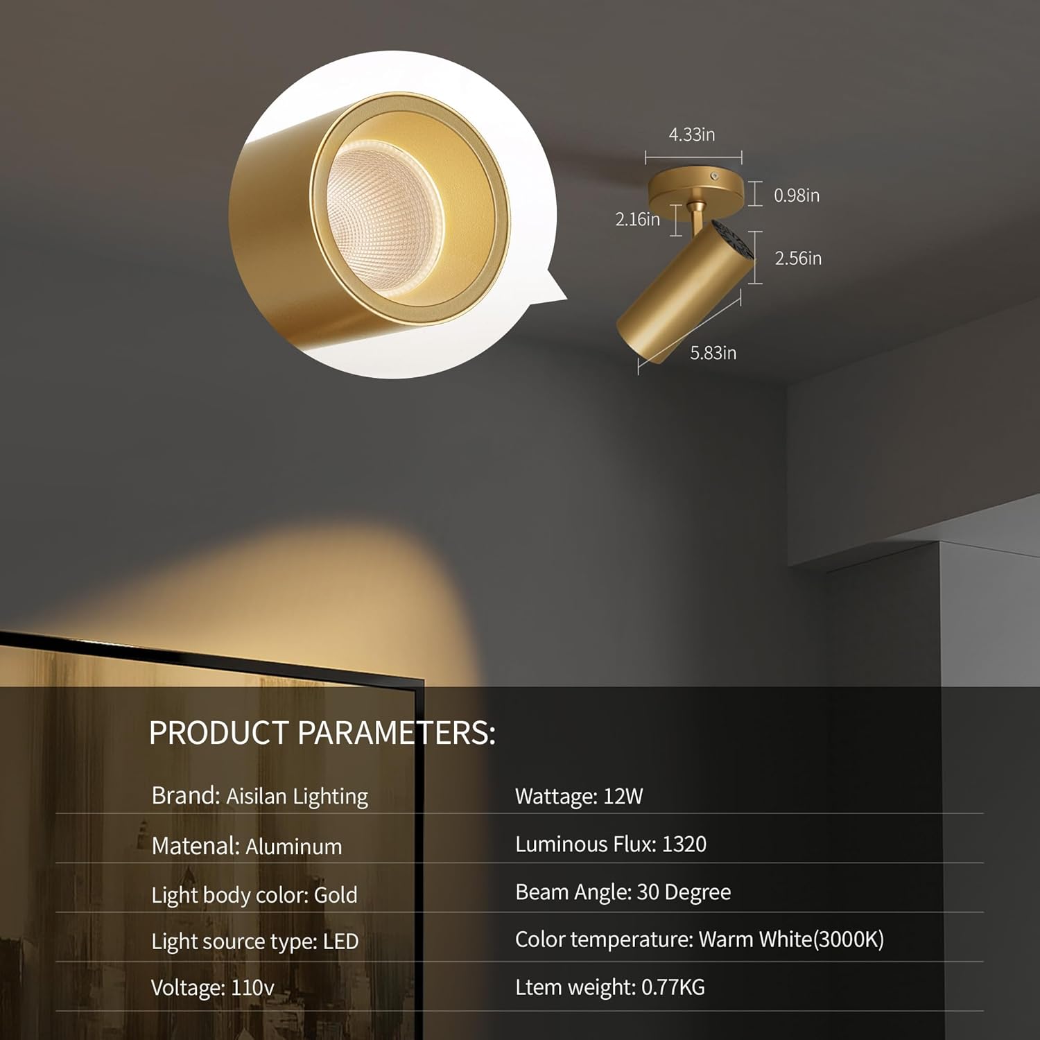 Aisilan 12W LED Gold Directional Ceiling Spot Lights Indoor - Adjustable 90°Spotlight Lighting, Anti-Glare, Warm Light, CRI 97, Flicker-Free - Ideal for Picture Painting and Living Room Accent Light