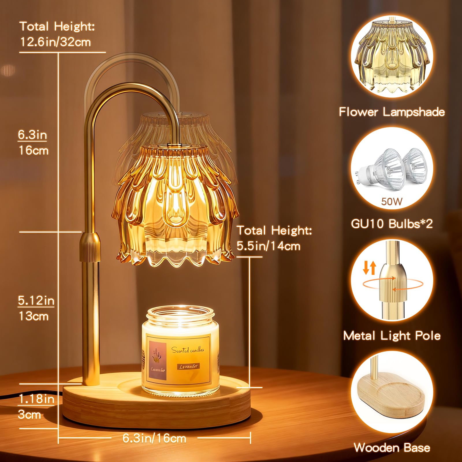 Lámpara Calentadora de Velas, Candle Warmer Lamp con Temporizador y Atenuador, Lámpara Calienta Velas Eléctrico con 2 Bombillas, Vela Lampara Perfumada Altura Ajustable para Hogar Decoración(Ambar)