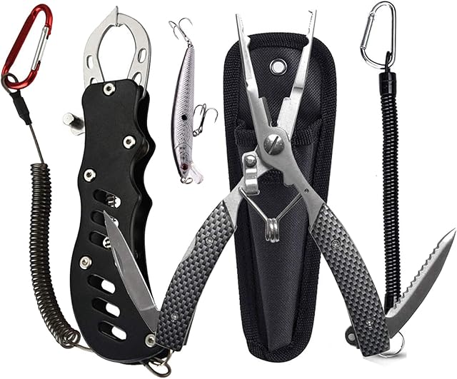 DY.2ten Fishing Lip Gripper,Stainless Steel Multi-Function Fishing Pliers Hook Remover,Coiled Lanyard and Sheath,Fishing Lures,Fishing Gear,Fishing Gifts for Men