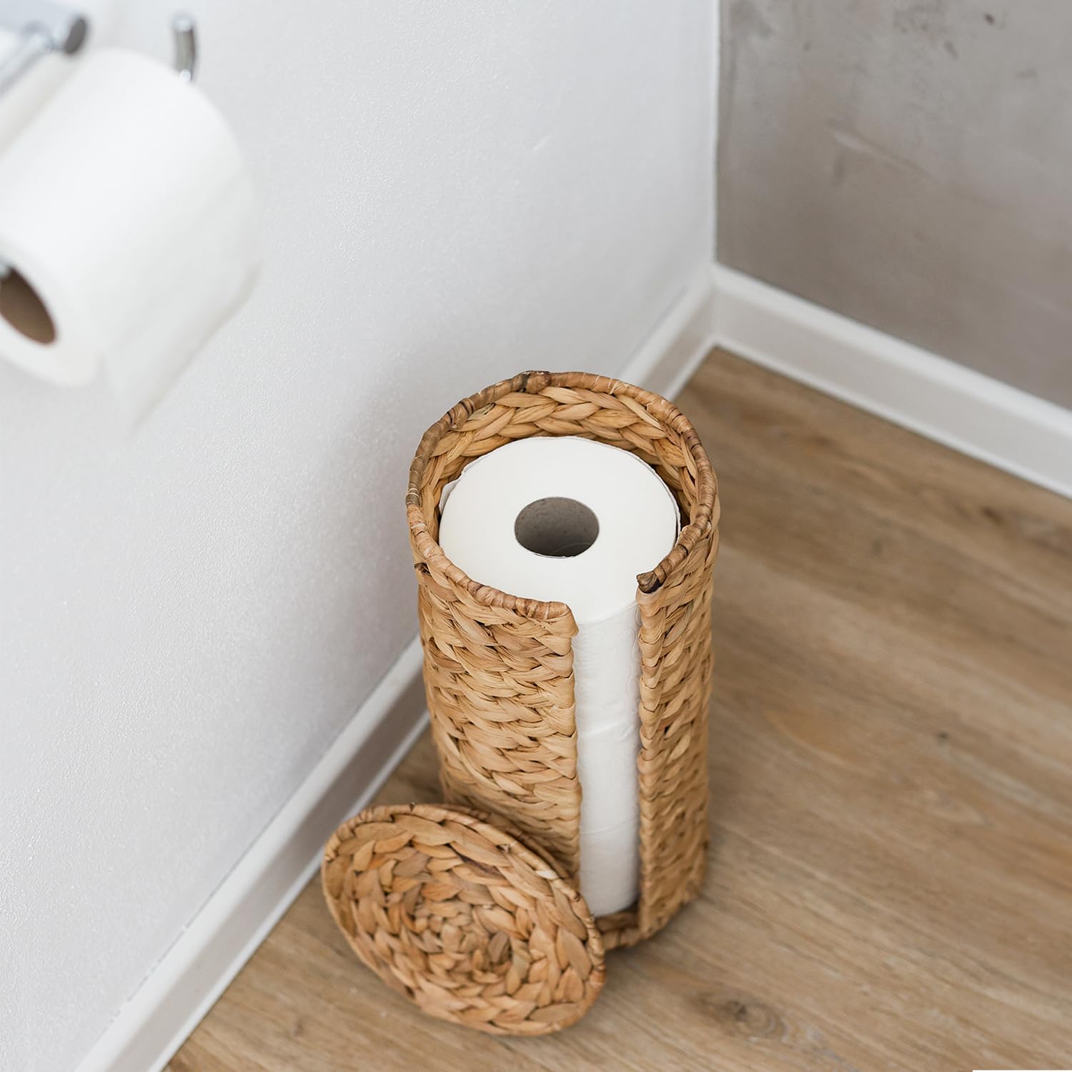HMF Przechowywanie papieru toaletowego, pleciony ze zrównoważonego hiacyntu wodnego, stojący uchwyt na papier toaletowy, 3 rolki WC, 35,5 x 17 cm