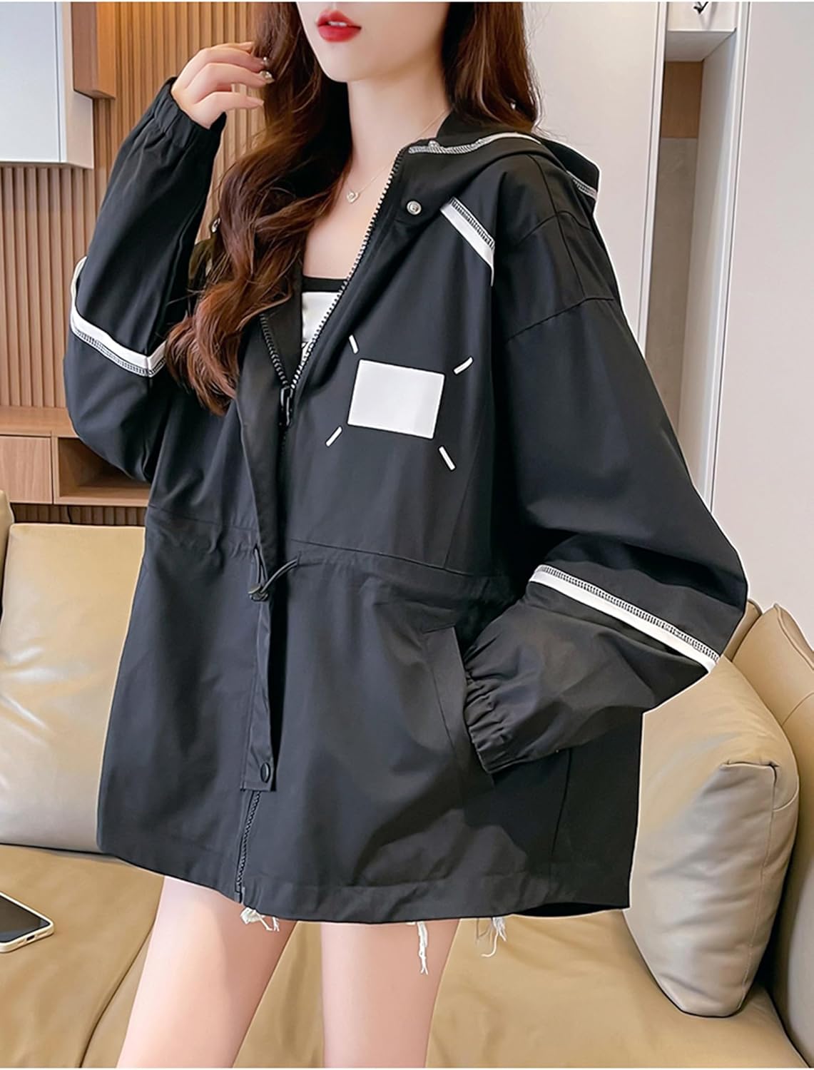 [ＡＬＷＥＩＮＤ] レディース ジャケット 長袖 ミドル丈 ブルゾン フード付き アウター ゆったり マウンテンパーカー 大きいサイ