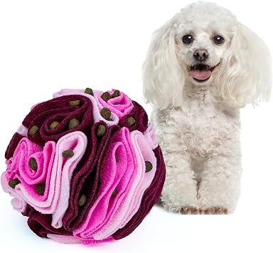 Pet Snuffle Ball, Puzzle Sniffing Interactive Dog Ball for Blind Dogs Training Stress Relief Dog Enrichment Toys Treat Machine Washable 15cm, Fantasy Pink