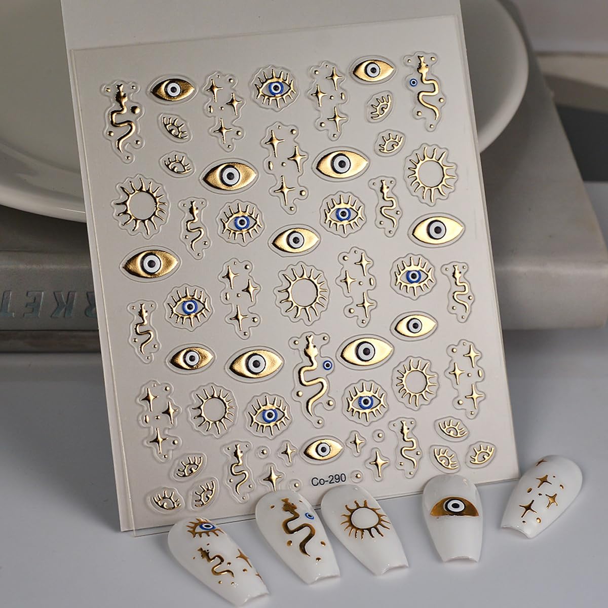 Adesivi per unghie dorati 3D con motivo malocchio dorato, decalcomanie dorate con stella di serpente, decalcomanie dorate per unghie, disegni autoadesivi, forniture per nail art
