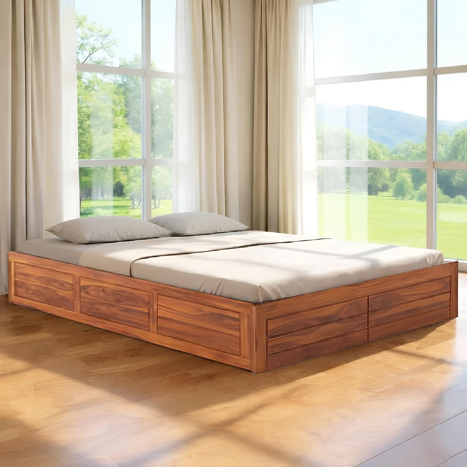 Amazon Brand - Solimo Solid Sheesham Wood King Size Bed with Box Storage Solid Wooden Double Bed Cot Bed with Box Without Headboard (Natural Finish)-image-5
