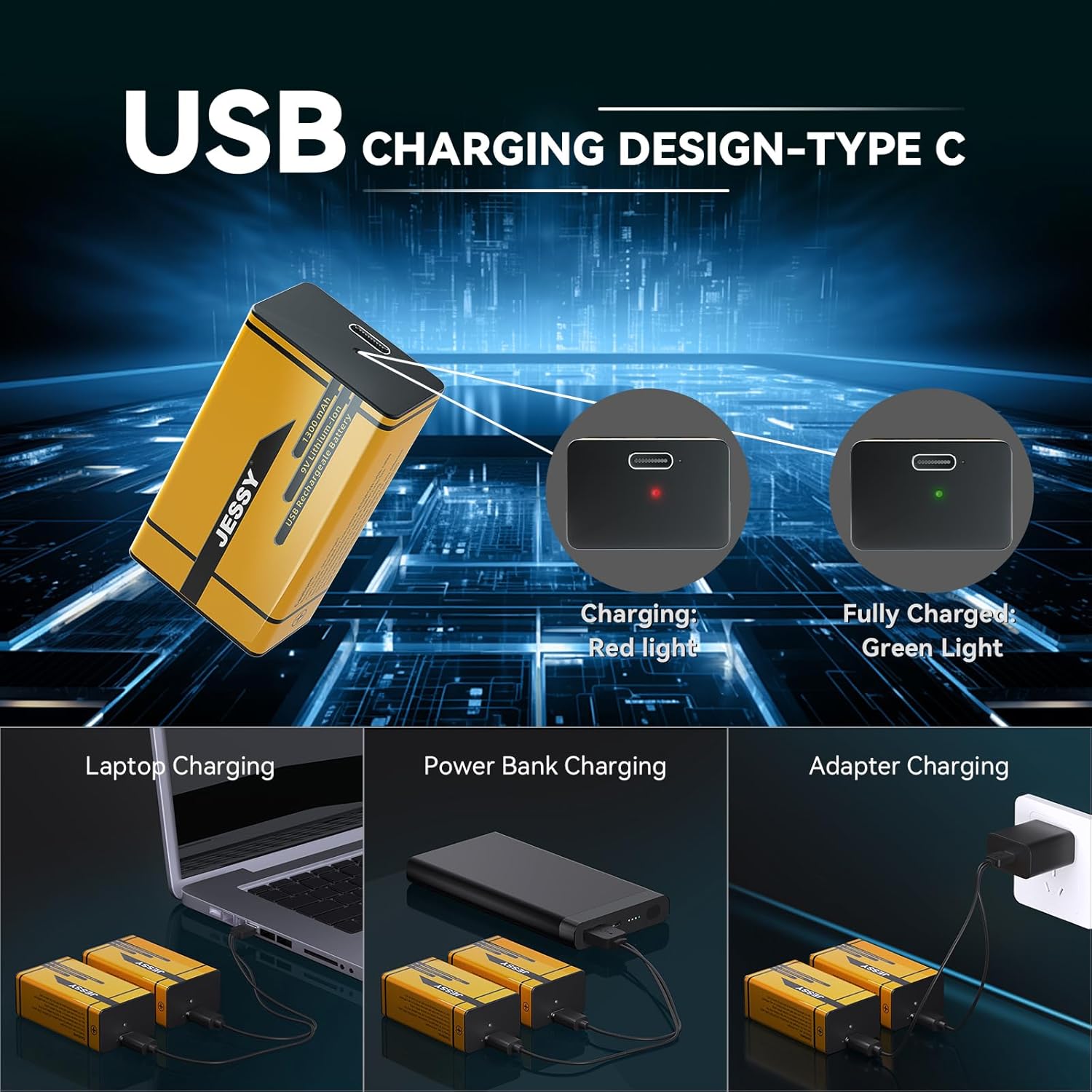 8 Pack 9V Rechargeable Batteries USB Rechargeable, 1300mAh Long Lasting Lithium Batteries, USB-C Recharge with 4 in 1 Charging Cable for Smoke Alarms Detectors, Microphones, Alarms, Electric Guitar
