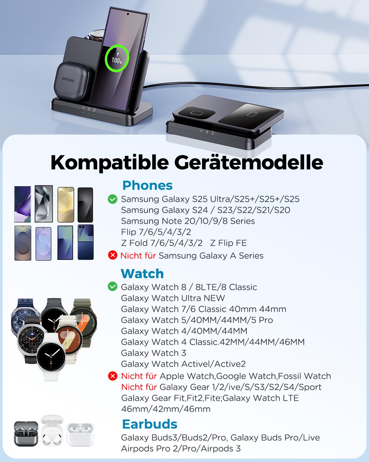 EGV Induktive Ladestation für Samsung – 3-in-1 Wireless Charger kompatibel mit Galaxy S26 Ultra/S25/S24, Z Fold/Flip 7/6, Buds, Abnehmbares Ladegerät für Galaxy Watch Ultra/8/7, Kein Adapter | Induktive Ladestation, Kompatibel mit Buds, Abnehmbares Ladege
