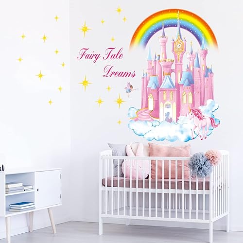 Miniatura 3 de DECOWALL SG-2207 Calcomanías de pared de castillo de arco iris, calcomanías de pared para niños, removibles, decoración de habitación de niños,