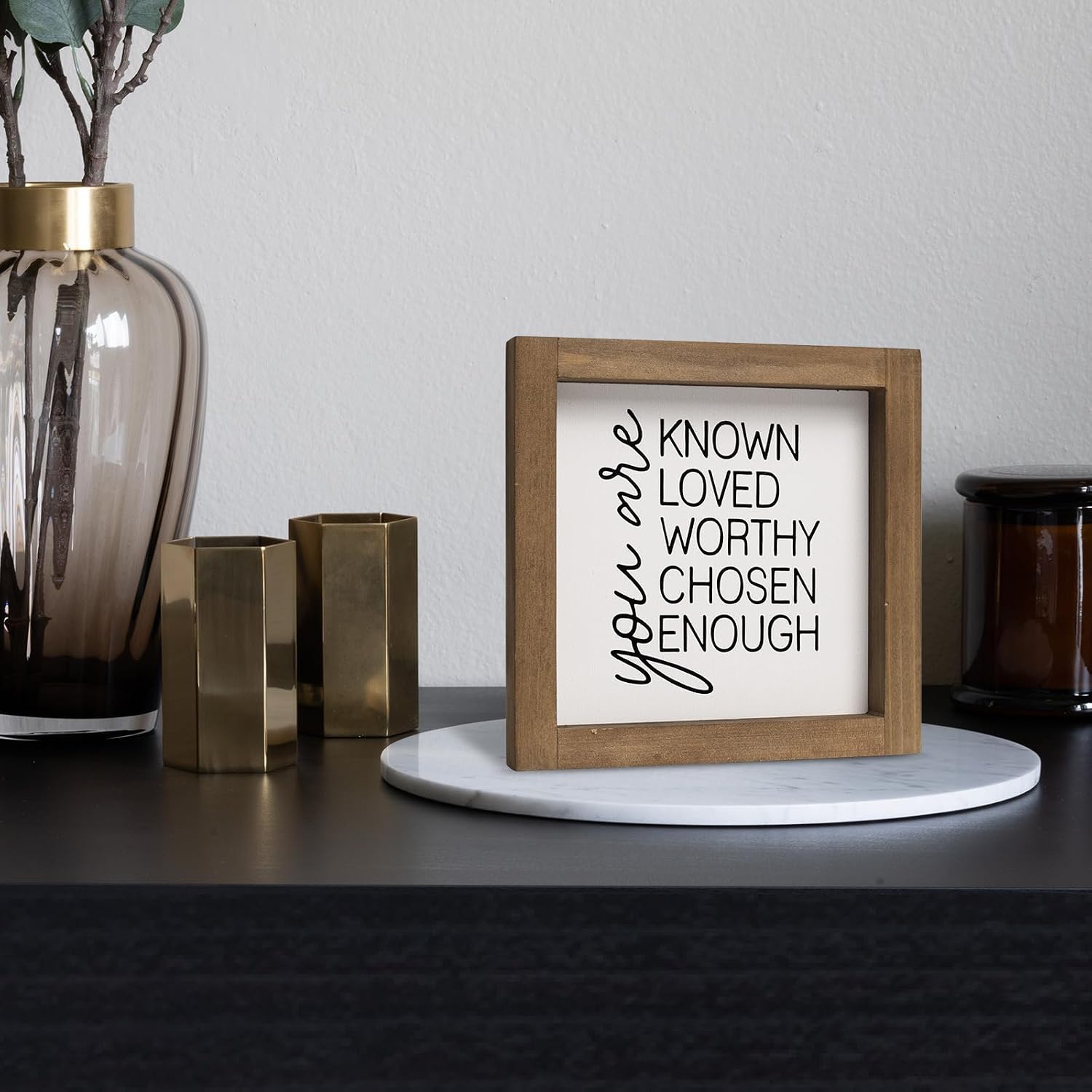 flangairy You Are Known Loved Worthy Chosen Enough Inspirational Sign, 6 Inch Wooden Positive Affirmations Wall Art Decor, Office Bedroom Bathroom Table Shelf Home Decorations image 3