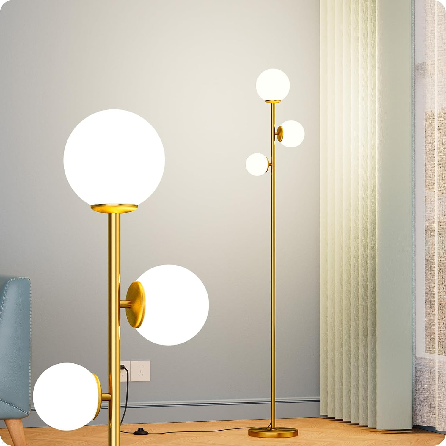 Floor lamp with 3 Frosted Glass Shades,Stangding Lamp Floor Lamps for Living Room Bedroom Office with 3 led Bulbs,Tall lamp with Foot Switch (Gold)