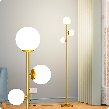 Nukanu Floor lamp with 3 Frosted Glass Shades,Stangding Lamp Floor Lamps for Living Room Bedroom Office with 3 led Bulbs,Tall lamp with Foot Switch (Gold)