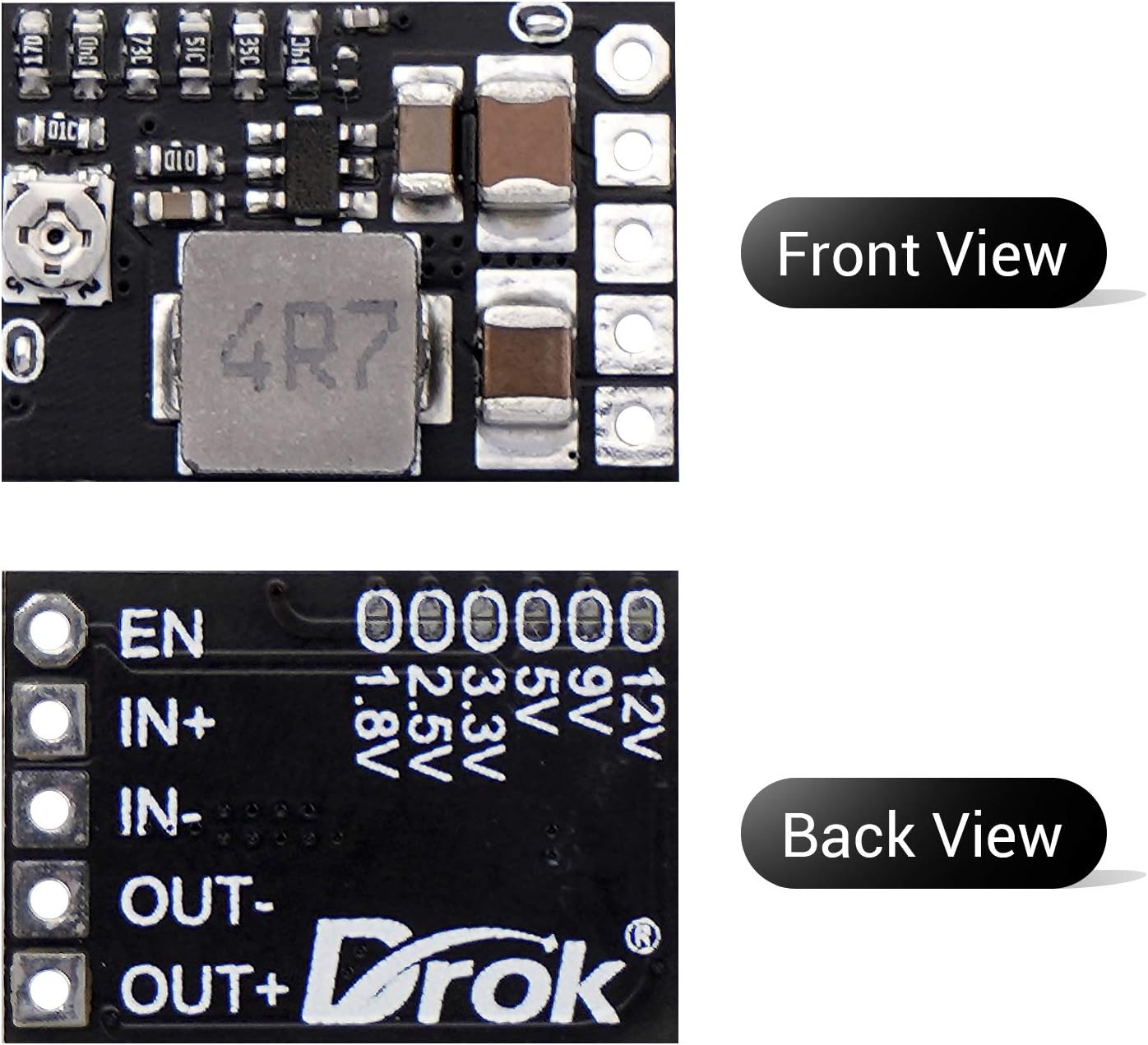 Davant i darrere views of the DROK DC Buck Converter, showing input/output pins and components.