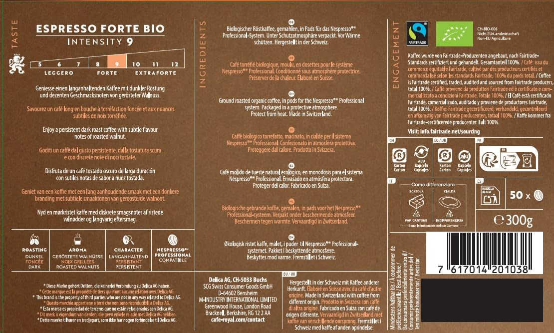 Café Royal Professional Pads, Bio Espresso Forte, 50 Nespresso (R) Professional kompatible Pads für Office und Gastronomie, Bio und Fairtrade zertifiziert, Intensität 9 (Packung mit 2)