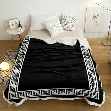 Sherpa Blanket Geometric Greek Key Design Sherpa Fleece Throw Blanket Warm Soft Cozy Blanket Black Fuzzy Blanket Lightweight Plush Blankets for Bed Couch Sofa 40 x 50