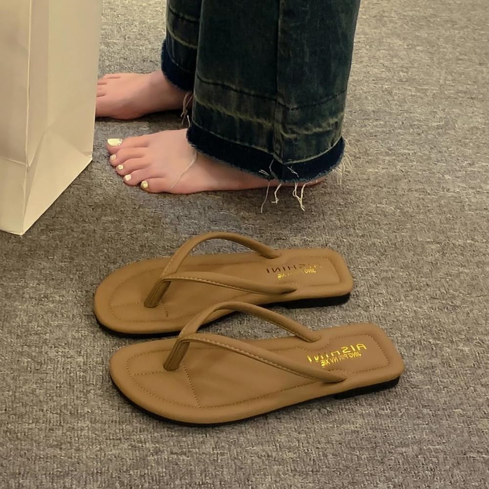 Flip-Flops for Womeng Sandals Flat Slip on Slides Beach Comfort Open Square Toe Ladies Slipper Summer Casual