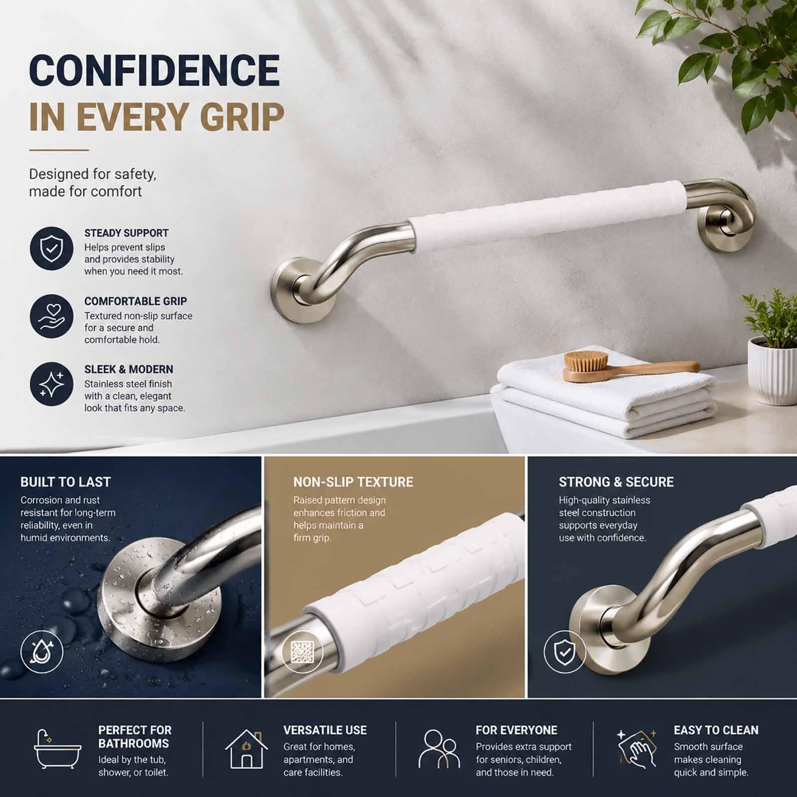 Maniglioni Di Sostegno per Vasca Da Bagno, Ausili per Disabili con Particelle Antiscivolo, Maniglione Dritto In Acciaio Inox A Parete per Bagni Domestici Accessibili(73.5cm)