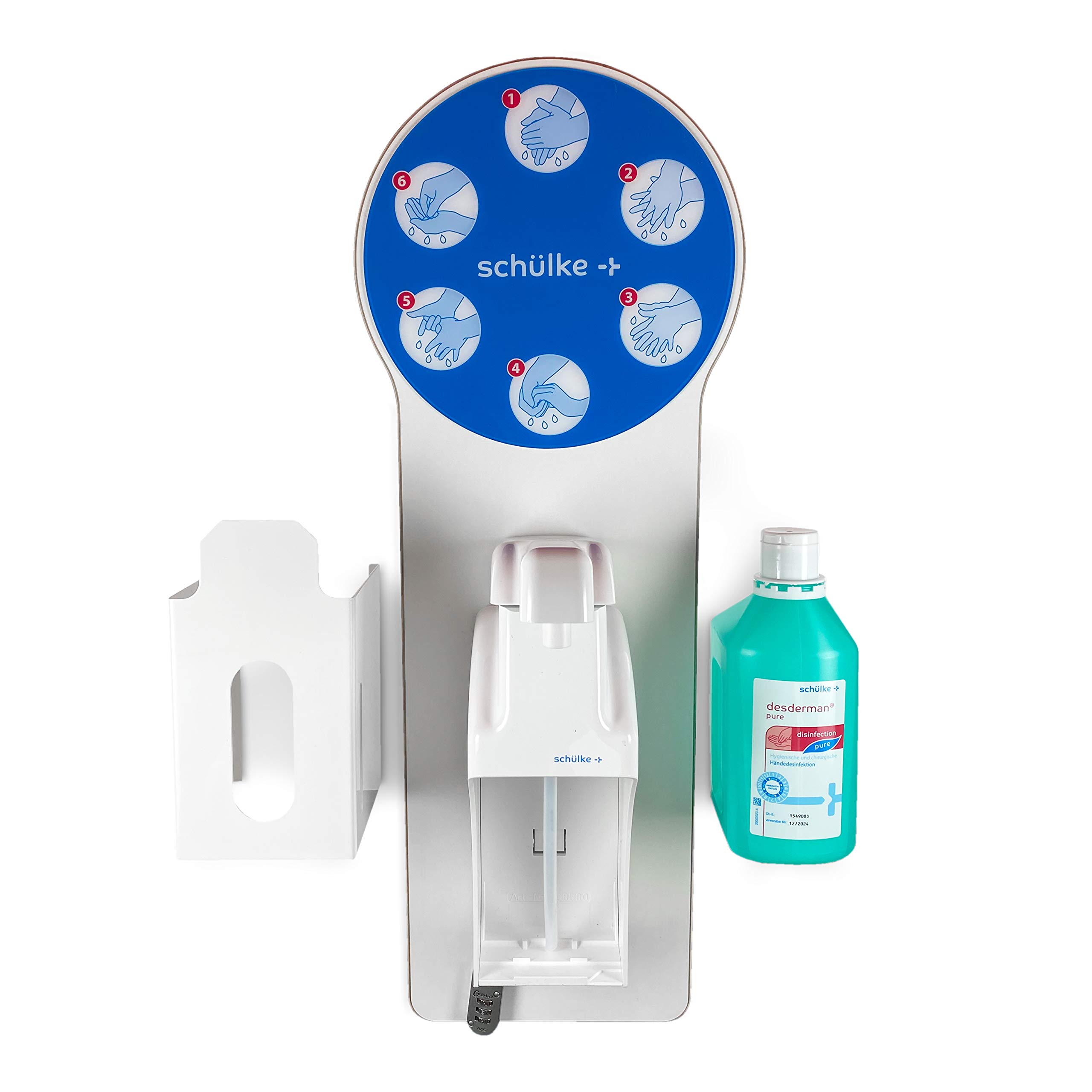 Hygiene-Tower mit abschließbarem Vorratsfach - Desinfektionsspender - inkl. 10 Liter Desinfektionssmittel u.v.m. - Hygienestation (Desinfektionssäule Weiß Wandbefestigung)