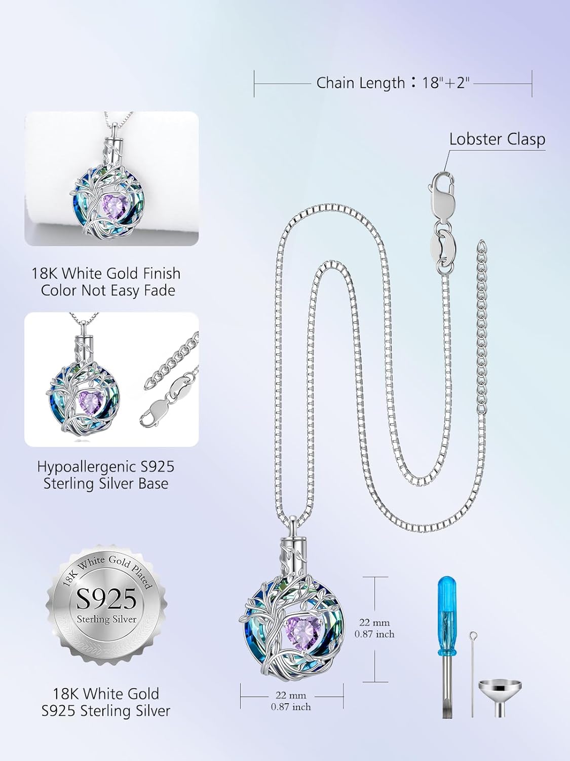 TOUPOP Tree of Life Urn Necklaces for Ashes Birthstone Cremation Jewelry 925 Sterling Silver Crystal Memorial Keepsake Funeral Jewelry for Women (with Funnel Filler) - Image 5