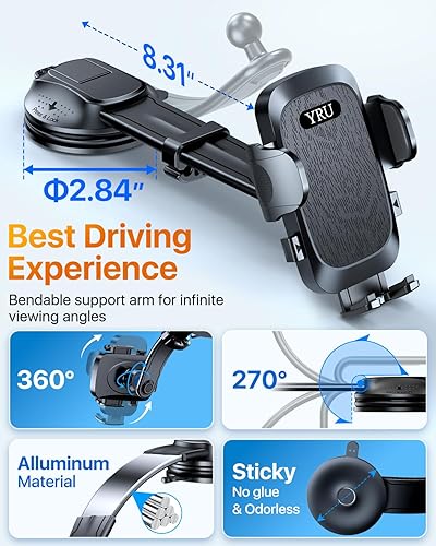 Miniatura 6 de YRU Soporte de teléfono para automóvil brazo de aluminio ajustable y flexible para 2026 Soporte de teléfono celular para salpicadero del automóvil,