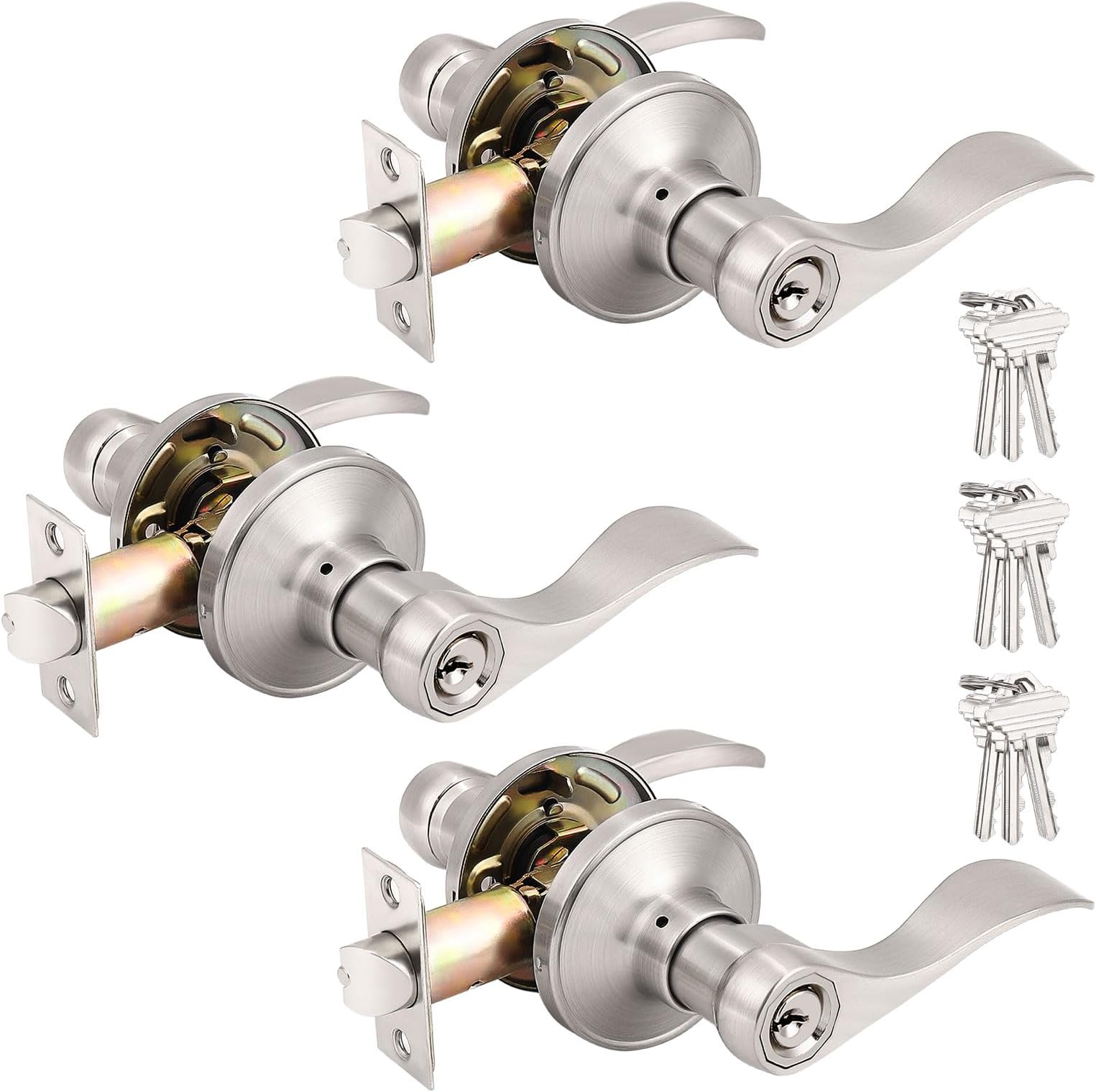 Probrico 3 Pack Satin Nickel Keyed Alike Entry Levers, One Keyway Entrance Handles Entry Locksets with Same Keys, Reversible for Right Left Handed Doors