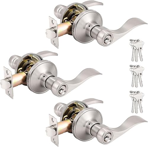 Probrico - Paquete de 3 manijas de entrada de níquel satinado con llave similar, asas de entrada con llaves iguales, reversibles, para puertas para