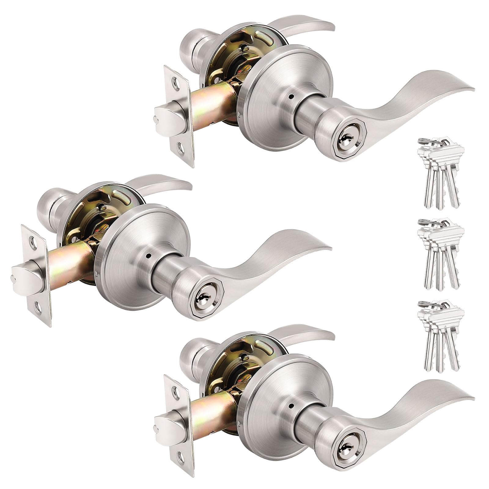 Probrico 3 Pack Satin Nickel Keyed Alike Entry Levers, One Keyway Entrance Handles Entry Locksets with Same Keys, Reversible for Right Left Handed Doors