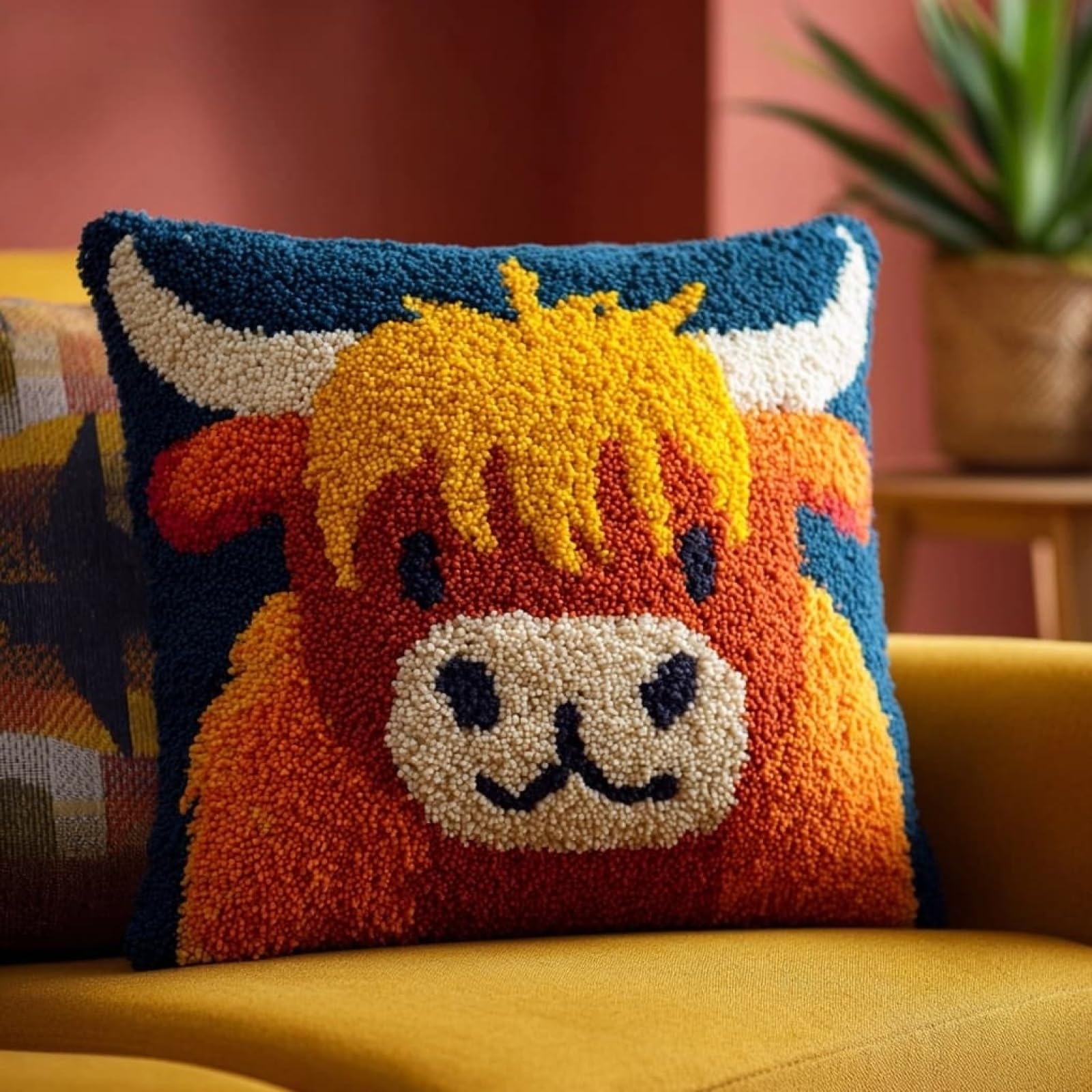 WallustrioaW Latch Hook Pillow Cover Kit,Highland Cattle