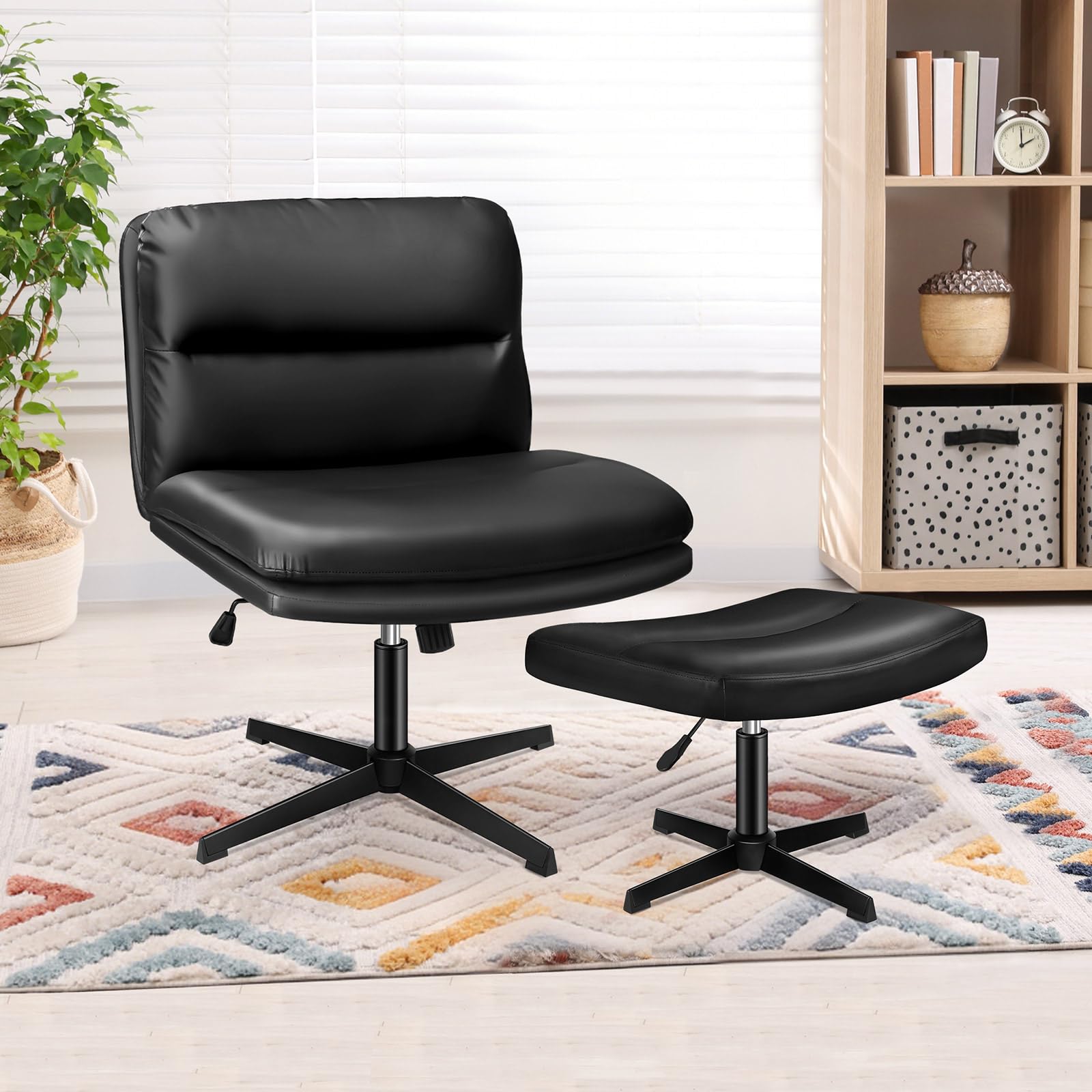 ELFORDSON Armless Office Chair with Ottoman, Wide Seat Criss Cross-legged Desk Chairs No Wheels, Mid-back Vanity Chair for Home Office, Height Adjustable 360° Rotatable, PU Leather, Black — image 1