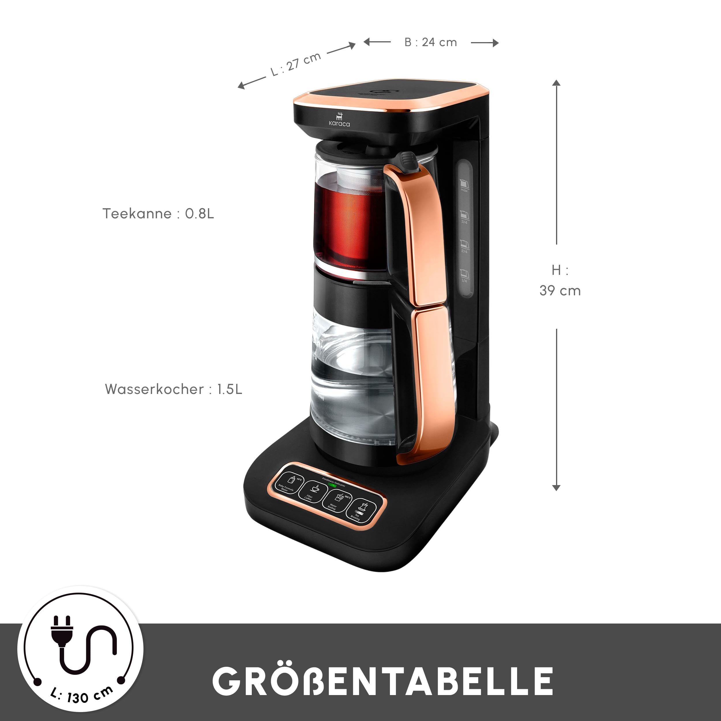 Karaca Bouilloire Robotea Pro 4 en 1 automatique et parlante Bouilloire et cafetière filtre 2500W, Black Copper