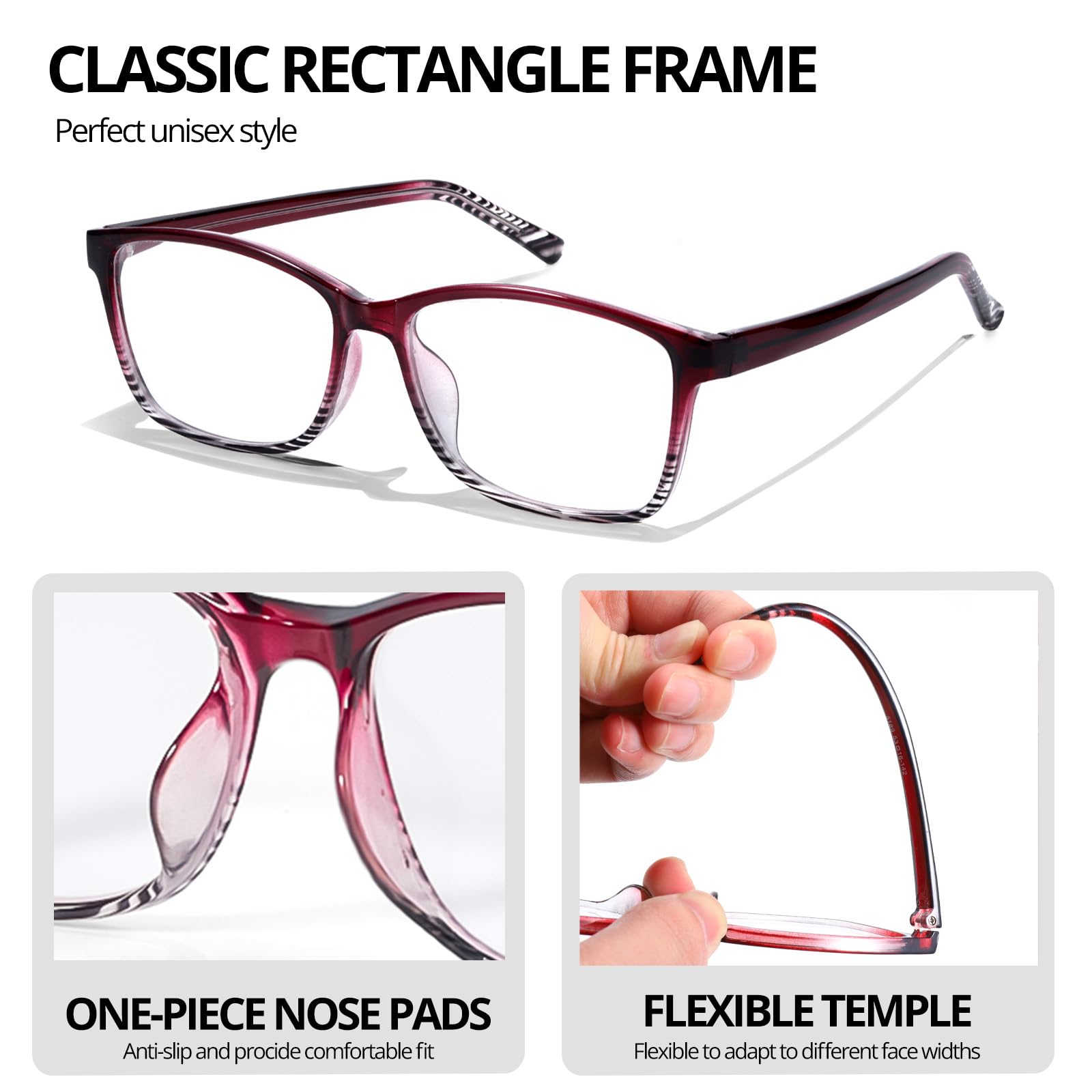 VIEWBETTER Occhiali da lettura con ingrandimento 2.0x, lenti rettangolari in vero vetro con luce blu e protezione UV, antigraffio