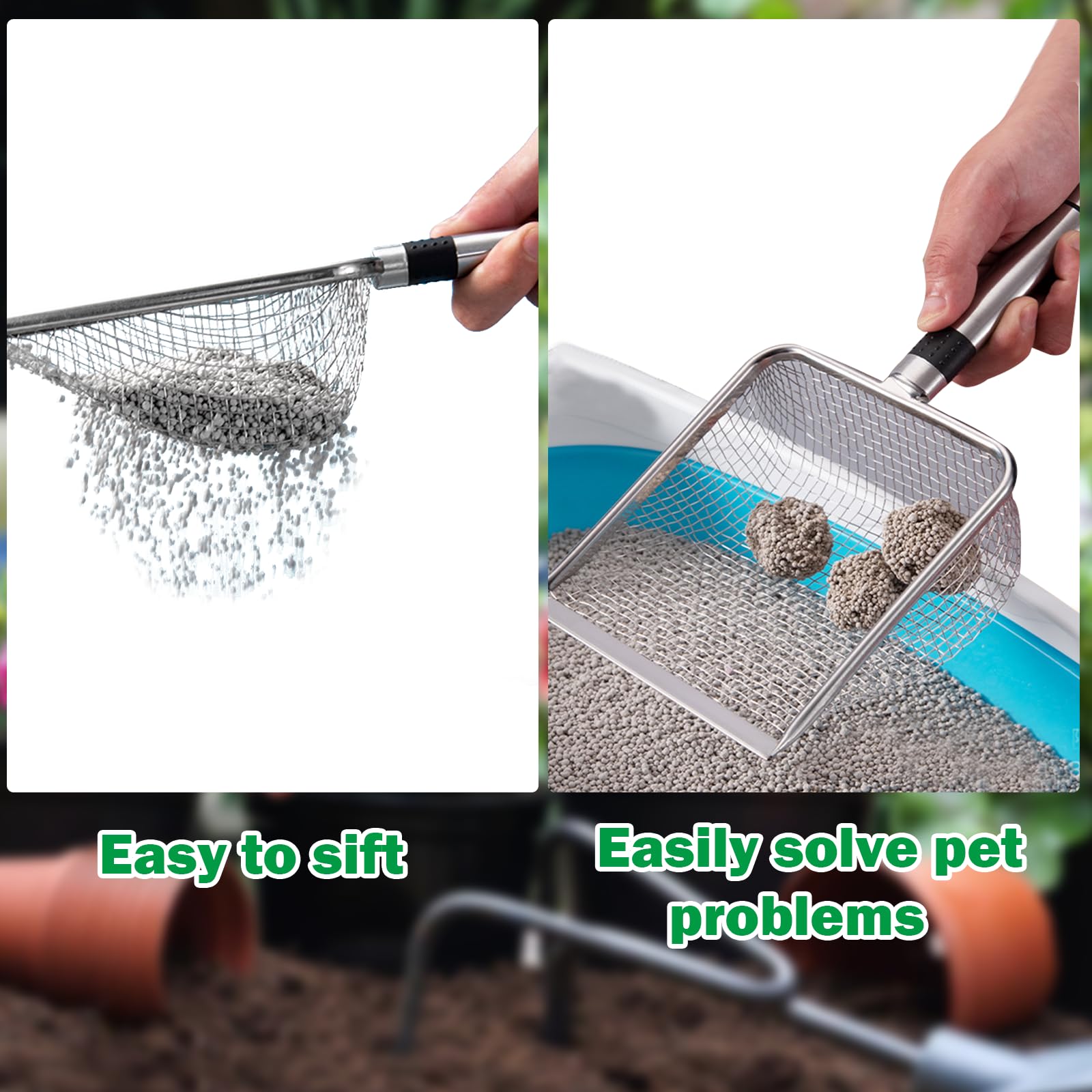 4 Stück Gartenerdesieb Kompostsieb mit Griff (2/2.8/3.8/5mm Masche), 4 Größen Gartensieb aus Edelstahl, für Sand Steine Erde Kompost Reiniger Scooper, Katzenschaufel Edelstahl für Katzenklo