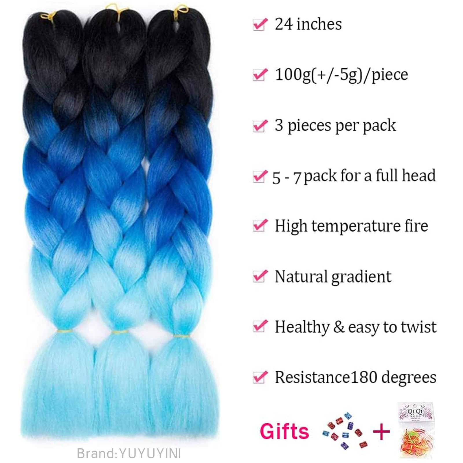 Confezione da 3 extension di capelli sintetici da 24 pollici colore blu sfumato 3 tonalità stile afro trecce da donna colore blu sfumato (C9)