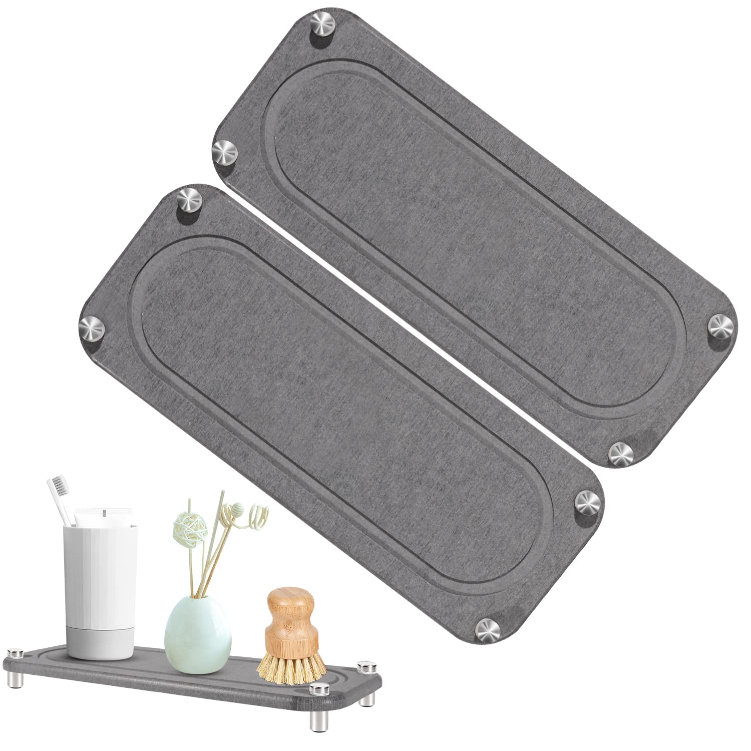 2pcs Instant Dry Sink Organizer, Sponge Holder Fast Drying Stone, Natural Diatomite Material, Soap Holder with Rustproof Stainless Feet, Sink Caddy for Kitchen Bathroom Counter, Grey