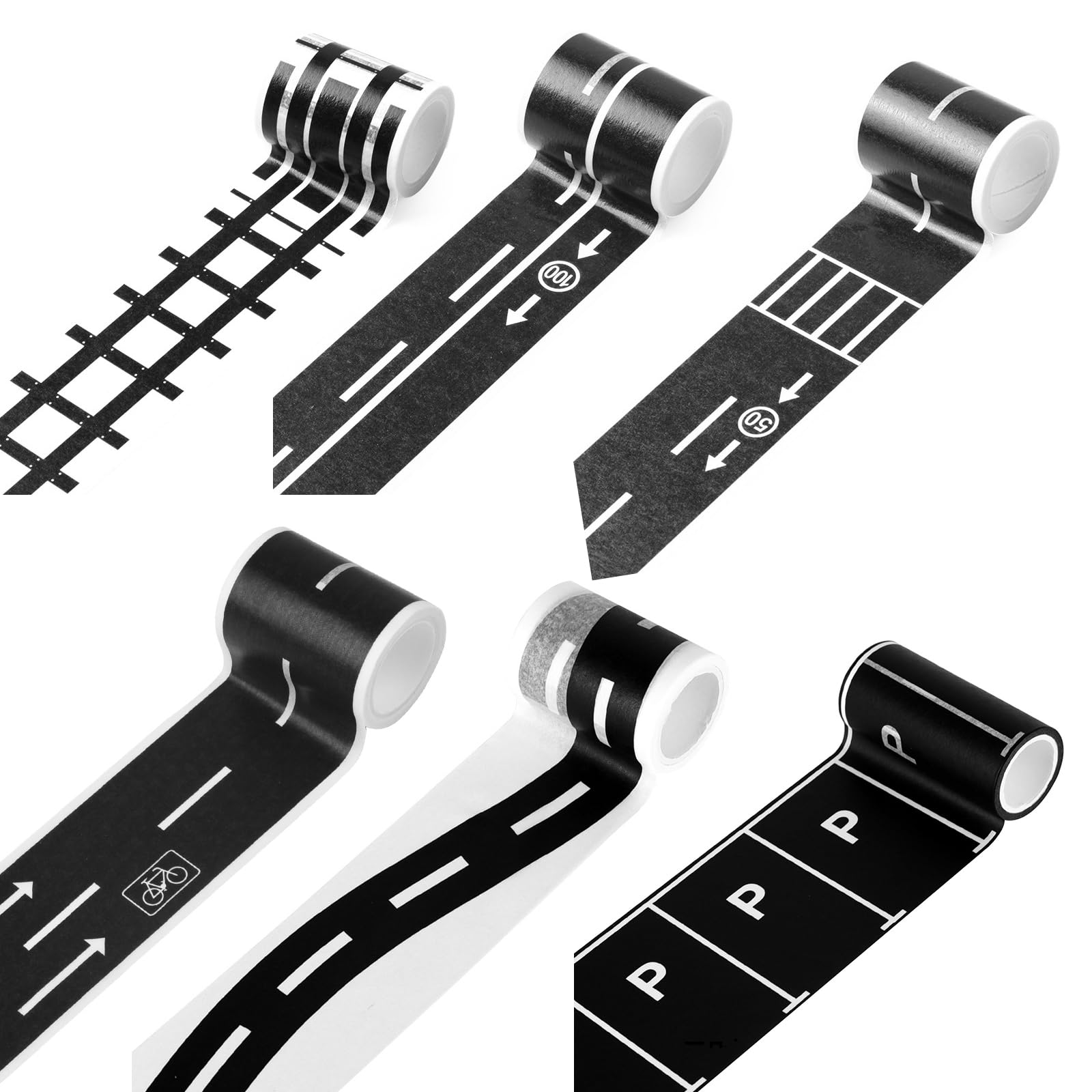 RICISUNG マスキングテープ 道路 線路 滑走路 6巻入 自分で道をつくれる 道路柄 貼ってあそぼう ロードテープ カーブステッカーセット マスキング おもちゃ 子供 遊び スクラップブック ラッピング プレゼント装飾