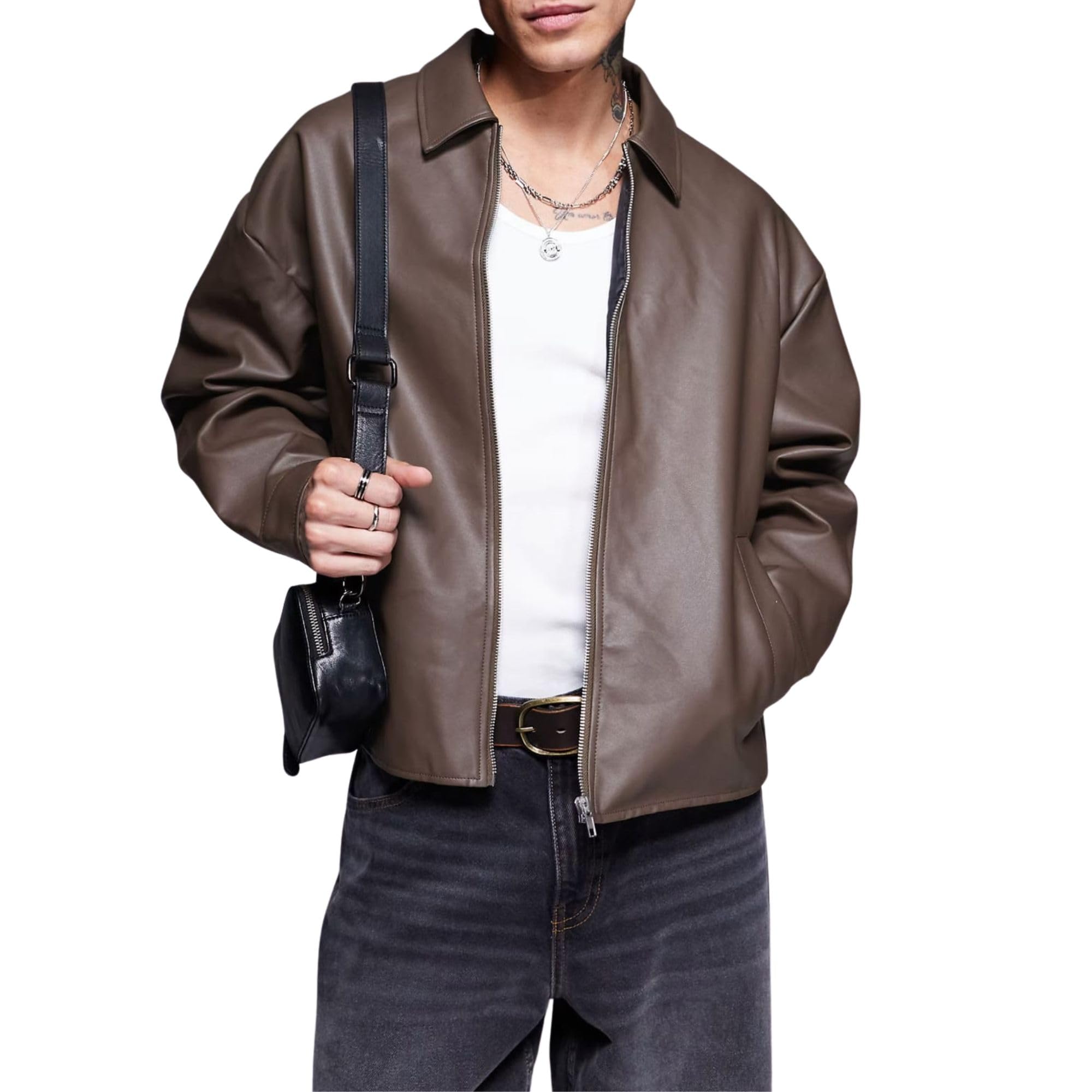 Brown Faux Leather Oversized Jacket for Men-picture-42