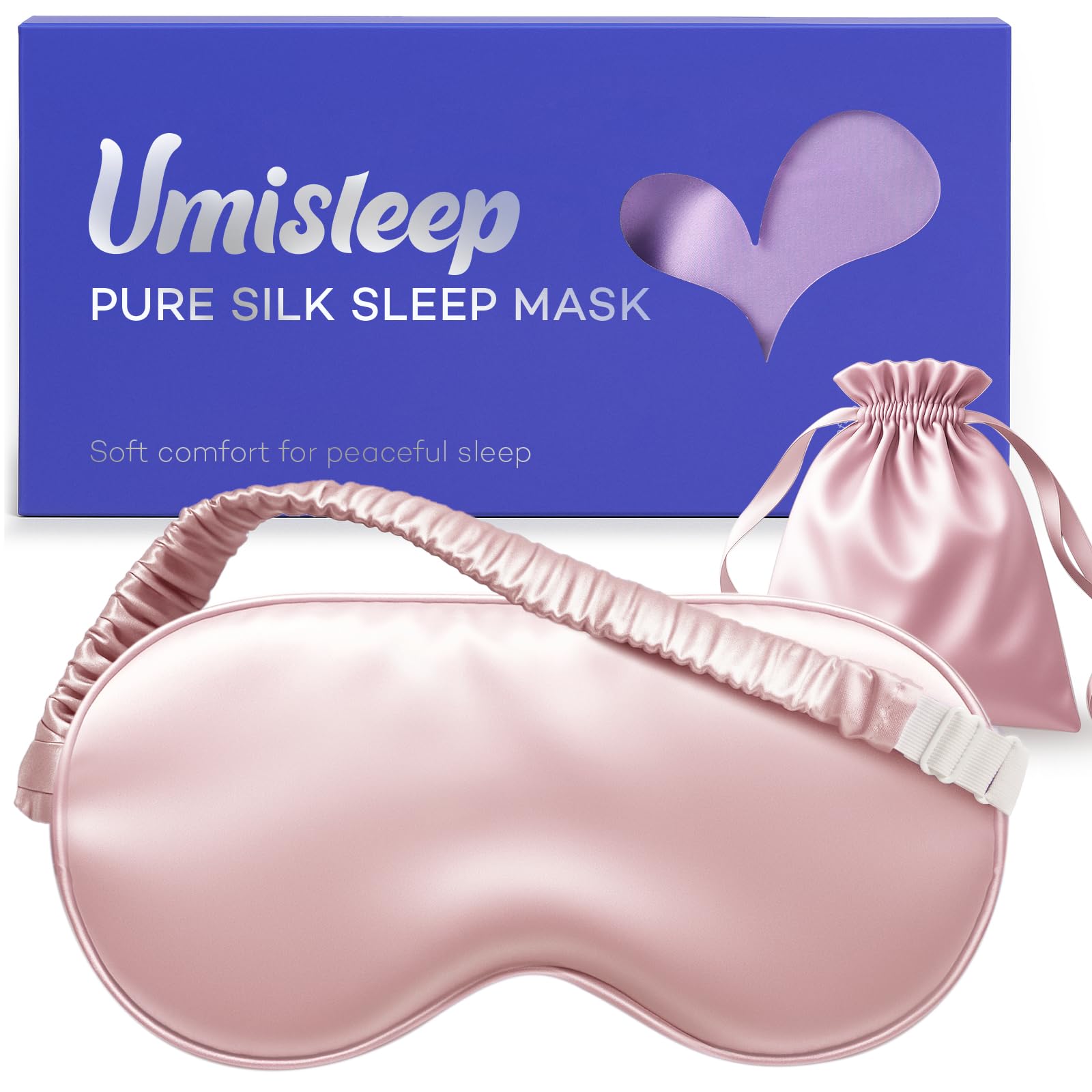 Umisleep 100% pura seta maschera, 22 momme 6A, morbida e liscia, traspirante, per donne e uomini, migliore tenuta della luce, con custodia da viaggio, Maschera per gli occhi regolabile (Rosa)