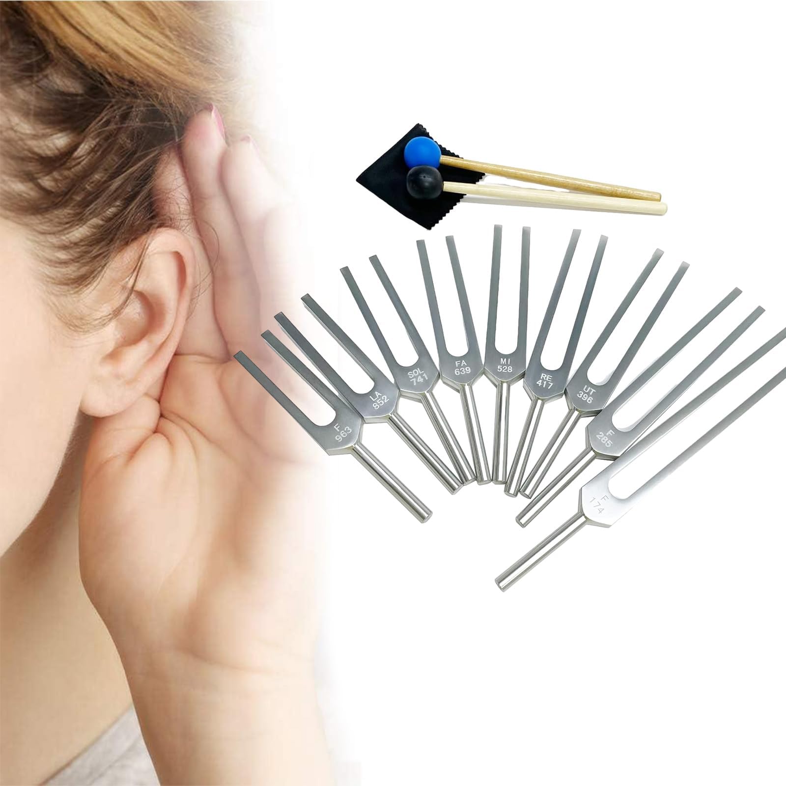Tuning Fork Set - BEAUTI4U Solfeggio Tuning Forks for Healing,174 Hz 285 Hz 396 Hz 417 Hz 528 Hz 639 Hz 741Hz 852Hz 963Hz Tuning Fork with Silicone Hammer and Bag (Silver)