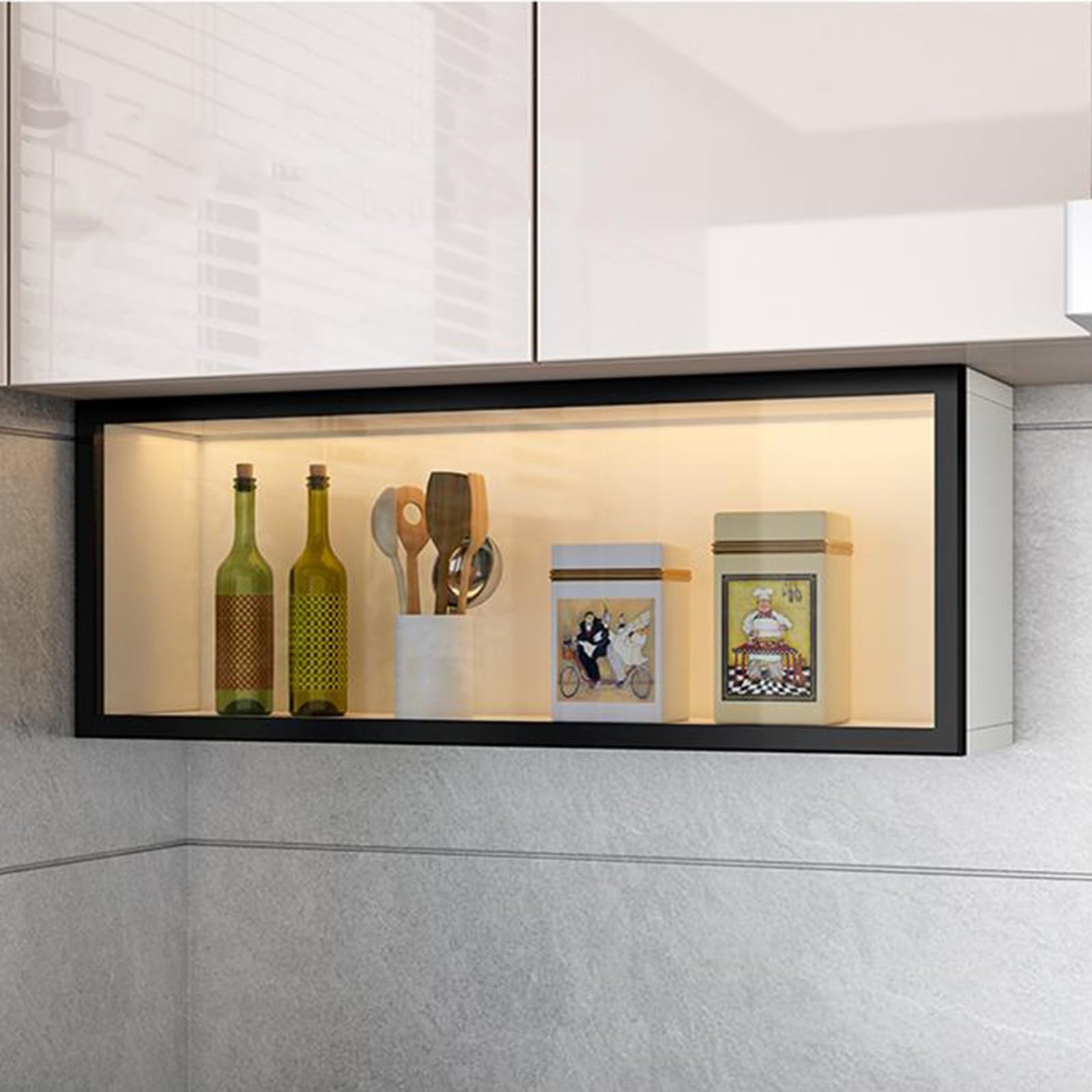 Wandmontierte Vitrinen Schrank mit Aufklappbaren Glastüren für Küche Wandhängendes Gestell aus Massivholz mit Sensorlicht für Küche und Esszimmer(White,60 * 19 * 30cm/23.6 * 7.5 * 11.8in)