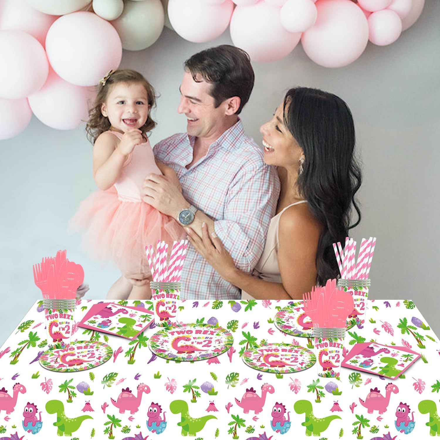 Girl Dinosaur Birthday Party Supplies for 2 Year Old Girl, 202 Pcs Two Rex Pink Dinosaur Dino Party Decorations for Girls - Table Cover, Plates, Cups, Napkins, Utensils, Serves 25 Guests