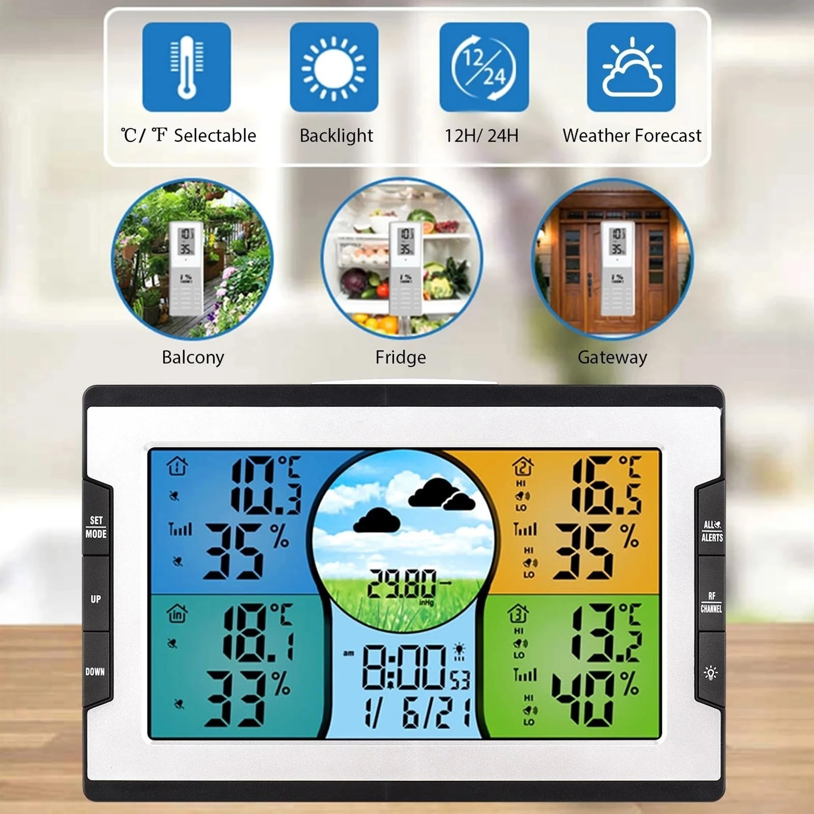 Stacje pogodowe, Cyfrowa stacja pogodowa z 3 zdalnymi czujnikami 328 stóp/100 m wewnętrzna temperatura zewnętrzna i monitor wilgotności budzik dla domowego biura,for Home Garden