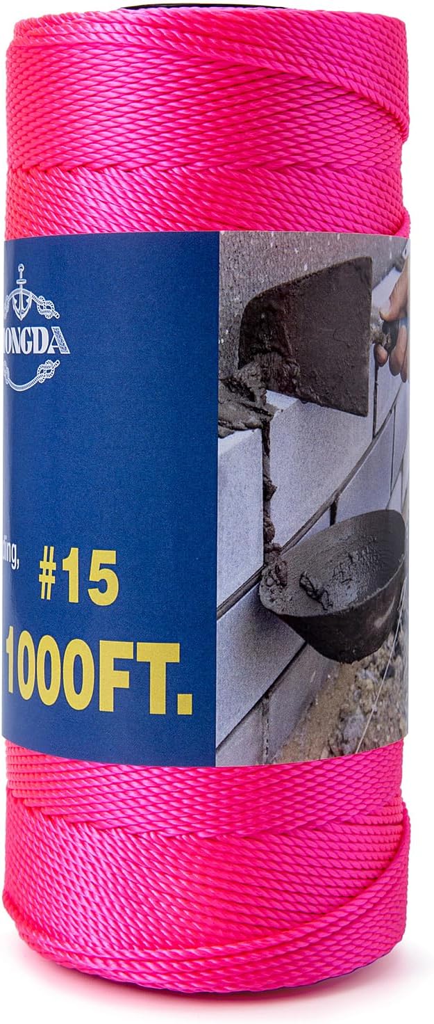 HONGDA Twisted Nylon Twine, #15 x 1000FT Mason Line String, Nylon Twine for Masonry Job, Trot Line, Decoy Line, Net Making and Mending, Workshop, Crafts, Gardening Fl.Pink