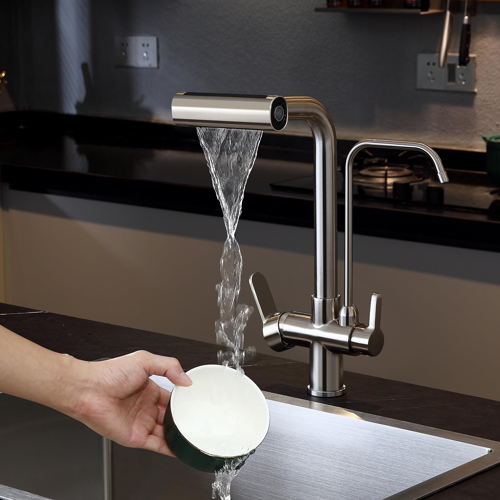 Grifo de cocina de 3 vías con ducha extensible, Mezcladora de Fregadero, níquel cepillado